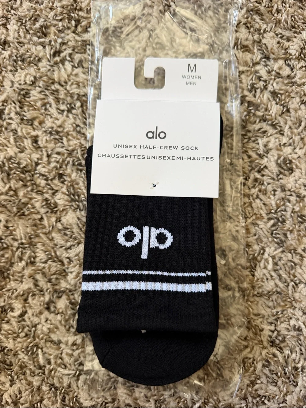 ALO Yoga Black Athletic Half-Crew Socks with White Logo & Twin Stripes